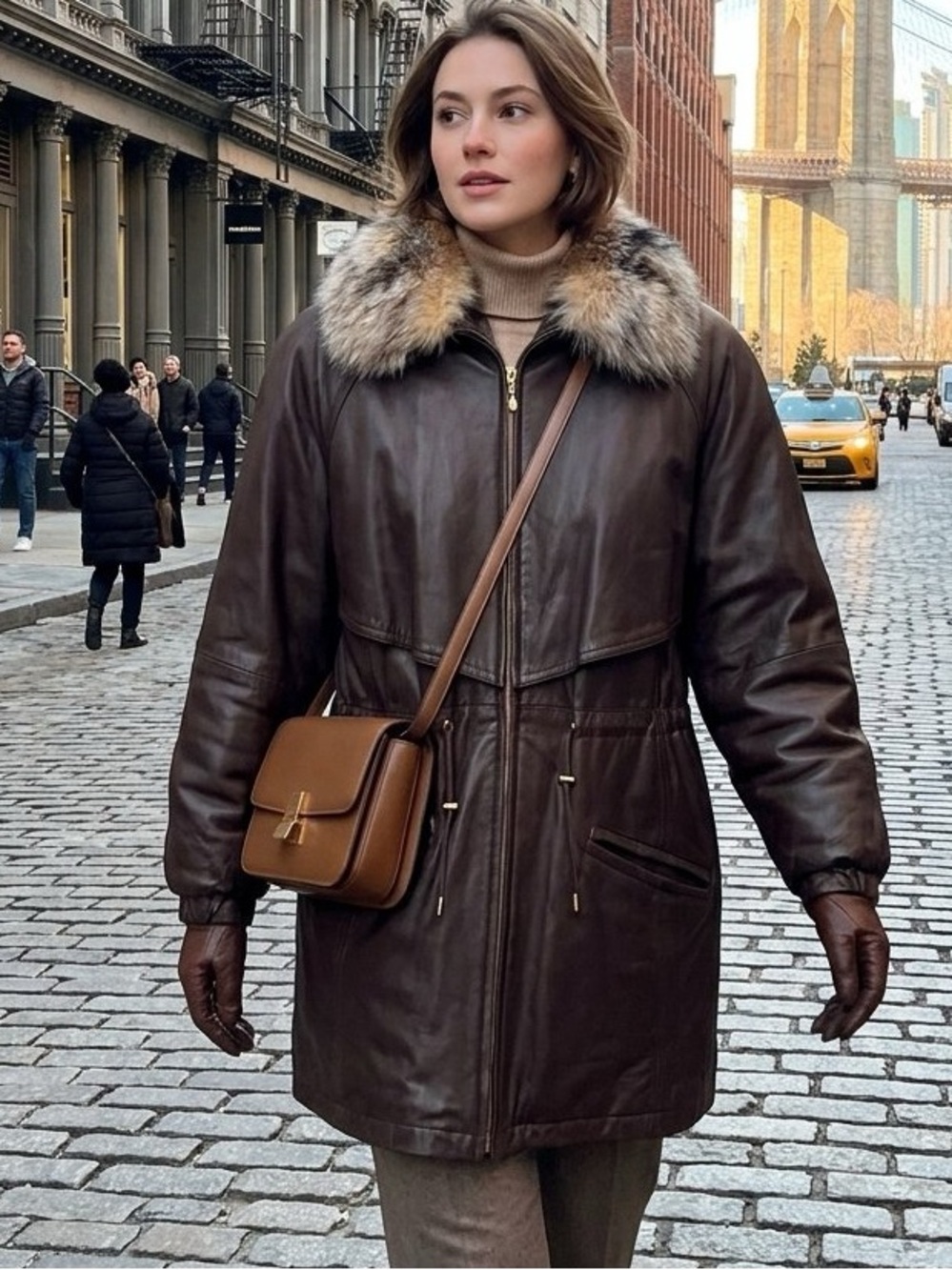 Damselle Vitange Brown Leather Jacket with Fur Trim Collar Size L